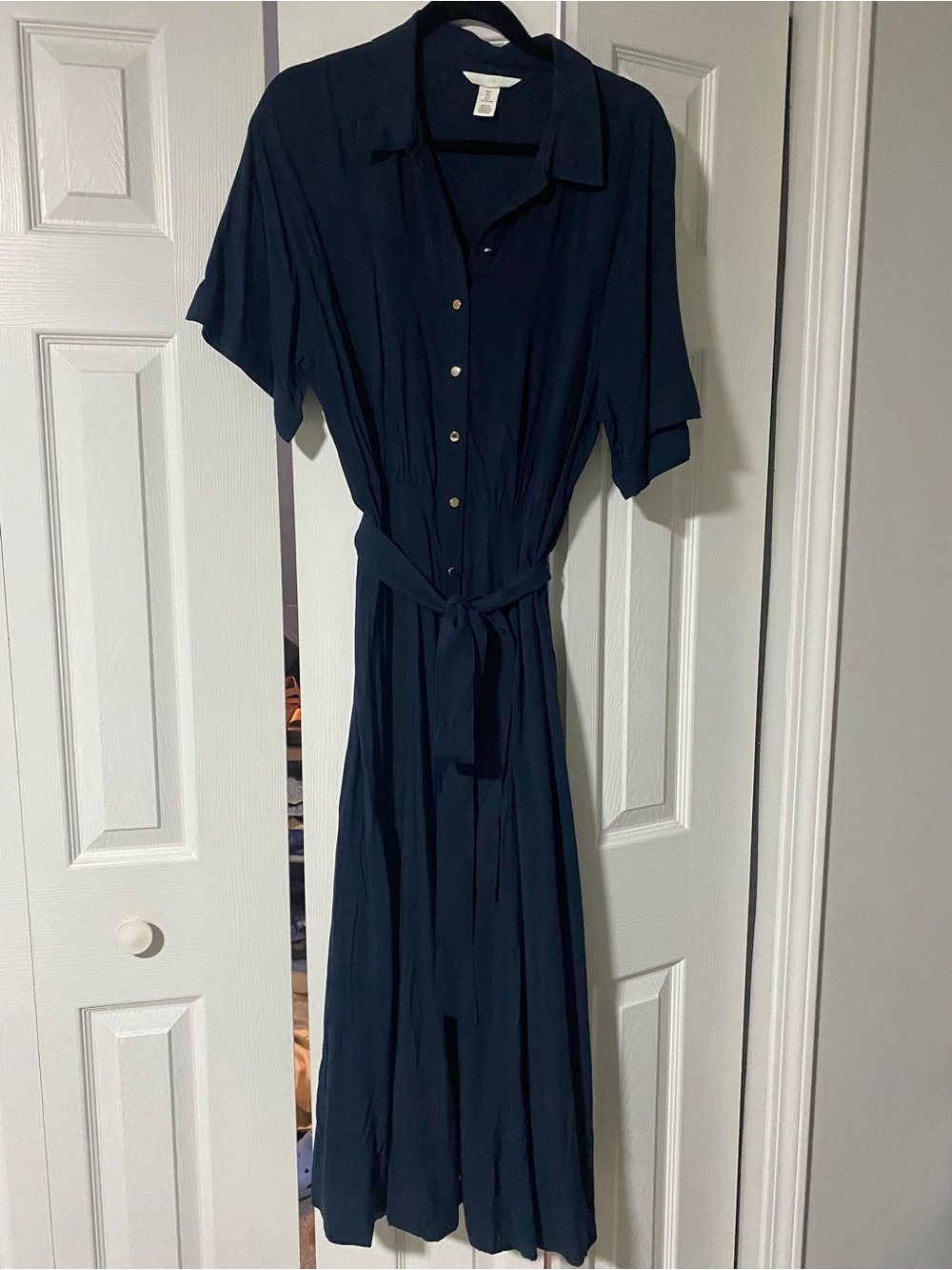 H&M Navy Button-Front Midi Shirt Dress with Tie Waist